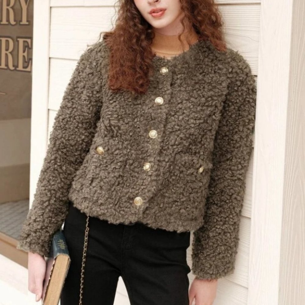Brown Teddy faux fur Button Down with Pockets Jacket Coat - Picture 3 of 7